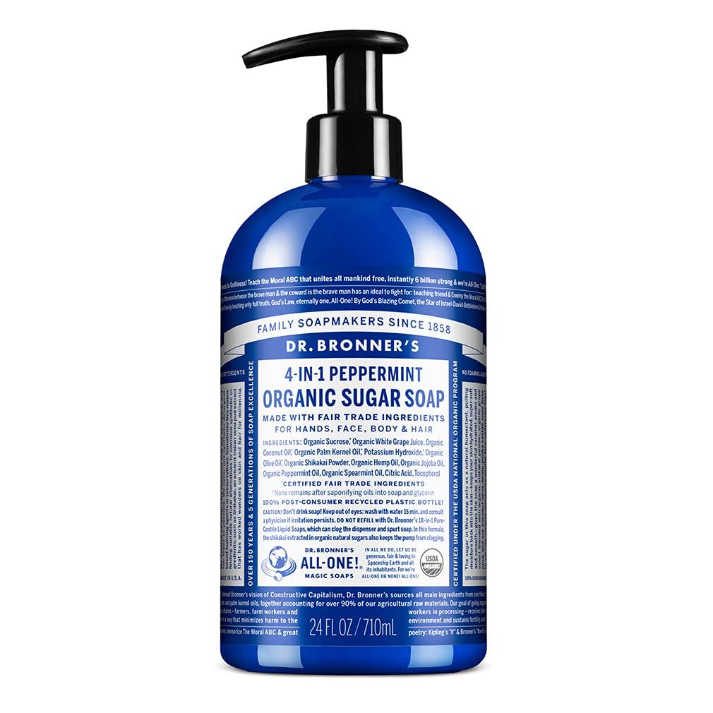Dr. Bronner&#39;s - Organic Sugar Soap (Peppermint, 24 Ounce) - Made with Organic Oils, Sugar Shikakai Powder, 4-in-1 Uses: Hands, Body, Face Hair, Cleanses, Moisturizes Nourishes, Vegan