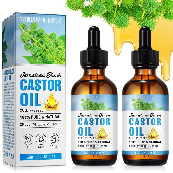 WHLH WELL-BEING Jamaican Black Castor Oil, 2PCS Organic Pure Castor Oil, Massage Oil, Essential Oil, Nourishing Oil for Face Body Hair Skin Eyelashes Eyebrows Beard