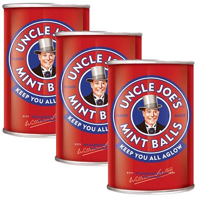 Uncle Joe&#39;s Mint Balls British Hard Candy Tins Gluten Free, Vegan Natural Hand Cooked on Open Fires Individually Wrapped UK Imported Gift Pack 4.23 Oz (Pack of 3)