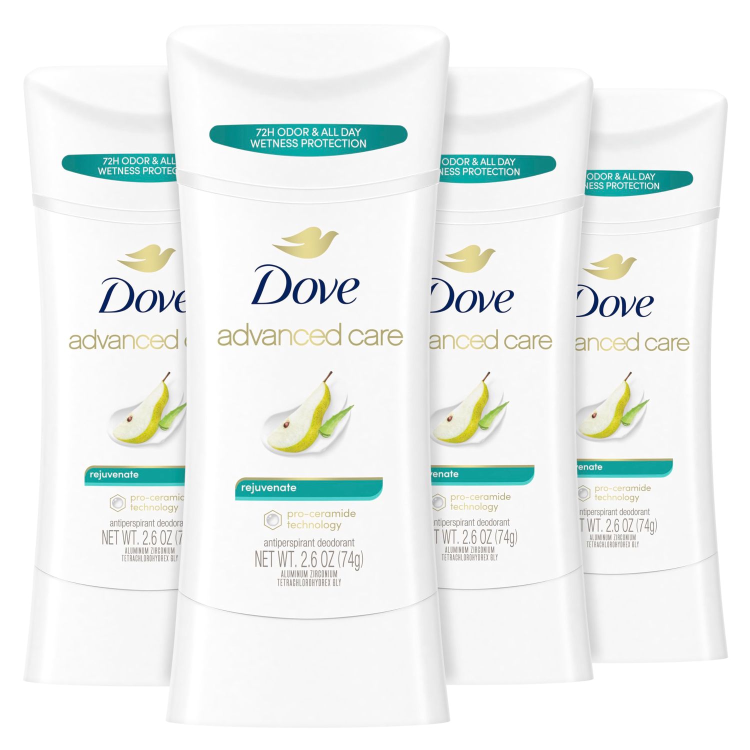 Dove Advanced Care Antiperspirant Deodorant Stick Rejuvenate 4 Count to help skin barrier repair after shaving by boosting skin&#39;s ceramide levels 72-hour odor control for soft underarms 2.6 oz