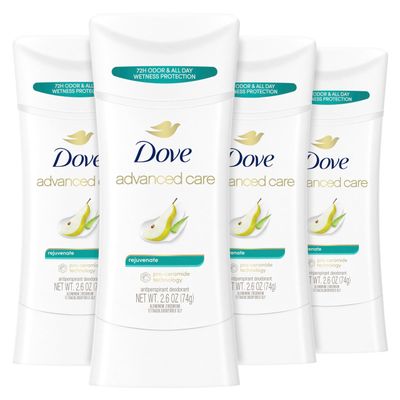 Dove Advanced Care Antiperspirant Deodorant Stick Rejuvenate 4 Count to help skin barrier repair after shaving by boosting skin&#39;s ceramide levels 72-hour odor control for soft underarms 2.6 oz