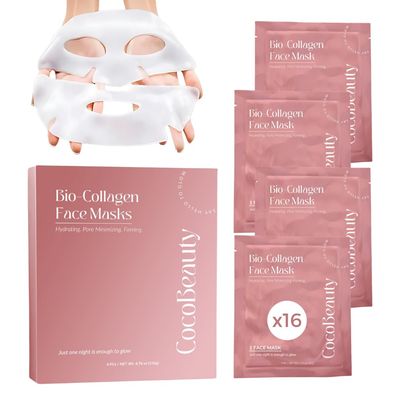 COCOBEAUTY Bio Collagen Face Mask - Hydrating Anti-Aging Korean Collagen Sheet Masks, Deep Hydration, Smooths Fine Lines, Overnight Face Mask for Radiant Skin (16 pcs)