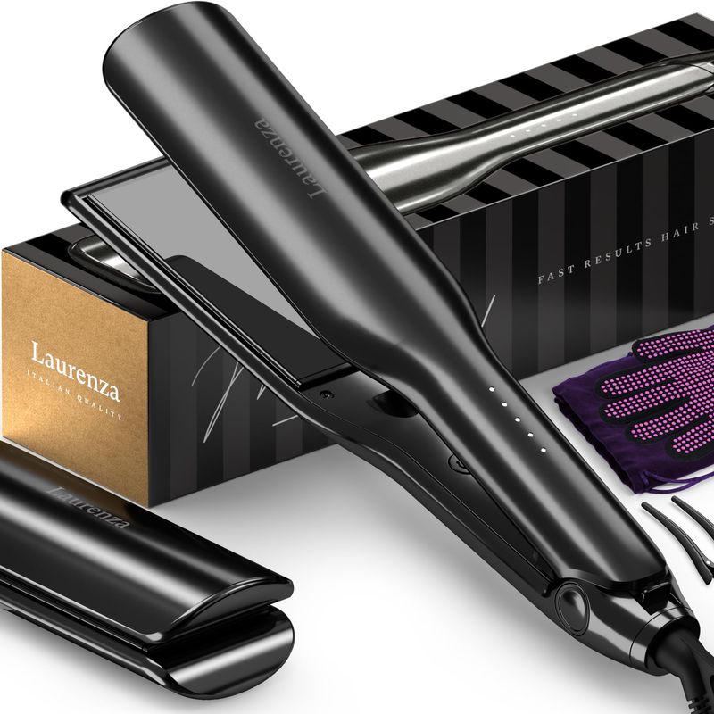 Milano by Laurenza Hair Straightener and Curler 2 in 1, SuperMax Design 8.5 Inch Extra-Large 3D Floating Ceramic Flat Iron, Dual Voltage Straightening Irons with 20 Million cm Anion Outlet (Black)
