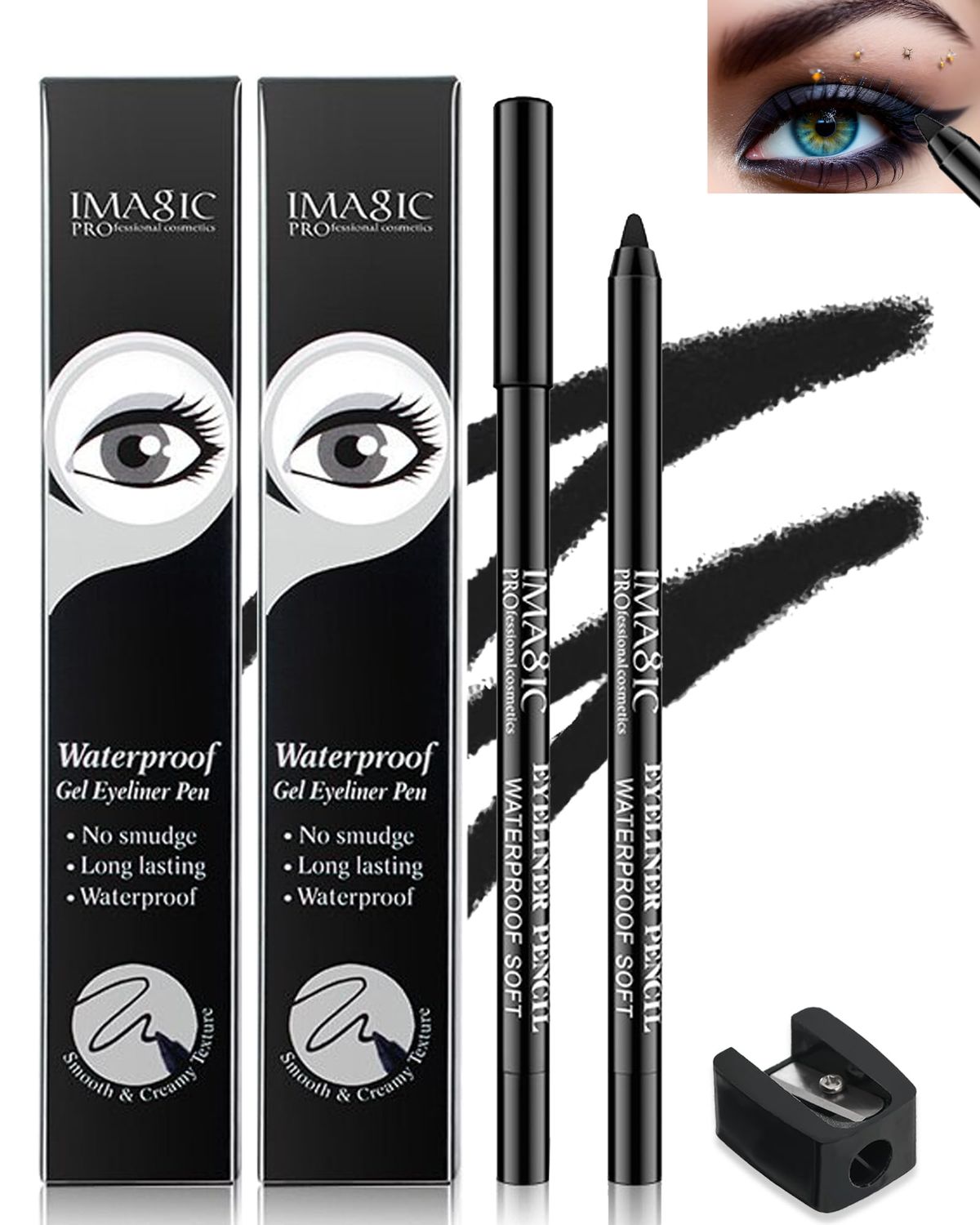 2Pcs Black Waterproof Smudge-proof Gel Eyeliner Pencil with Sharpener, Fade-Proof Eye Liner Pencil Smooth Water Line Pencil,Women&#39;s Day Cat EyeSmoky Eye Makeup Pen for Girls Mature Older Women