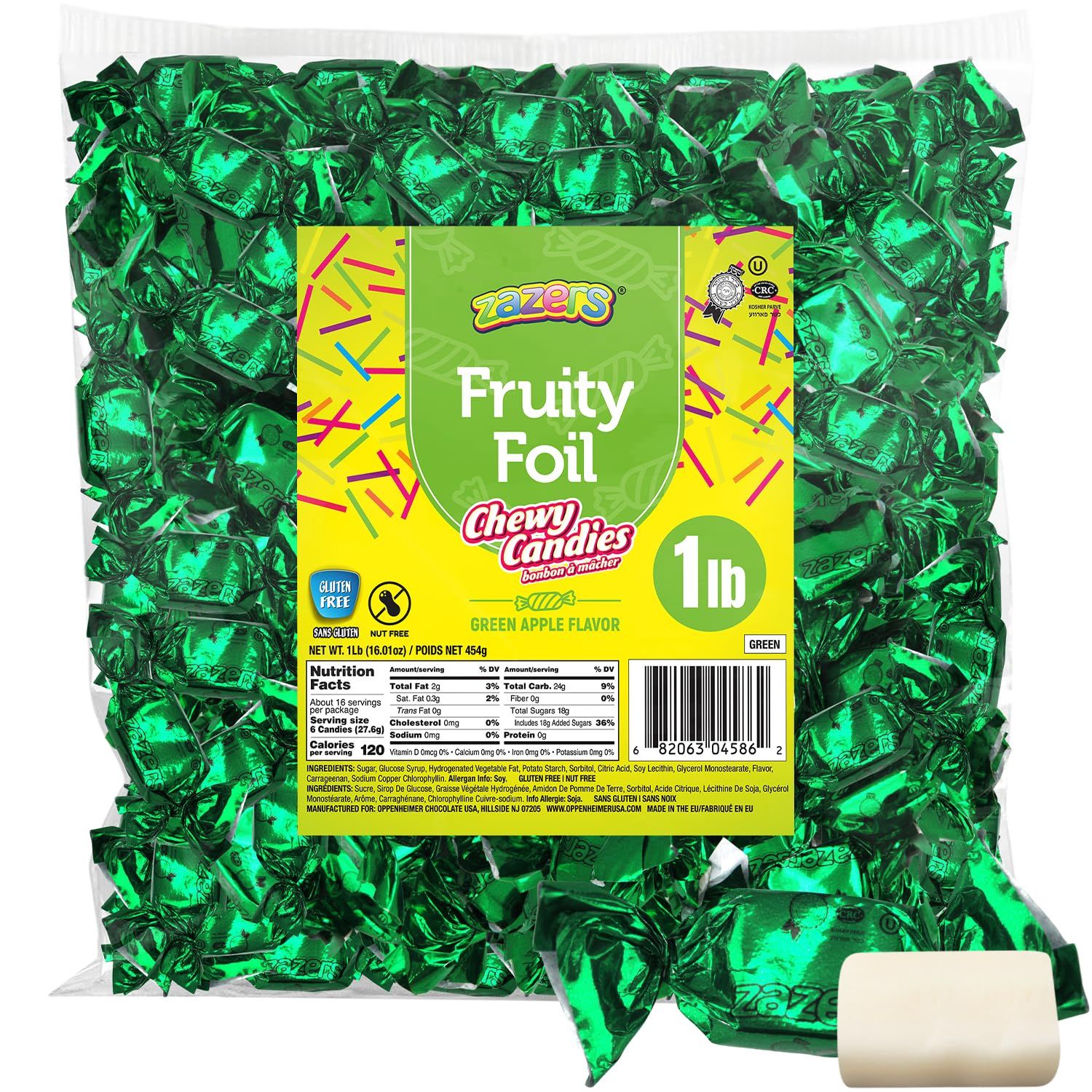 Zazers Green Apple Chewy Taffy Candy - 1-Pound Bag of Zazers Fruity Foil Chewy Candy - Green Apple Flavor, Individually Wrapped, Kosher (NET WT 454g)