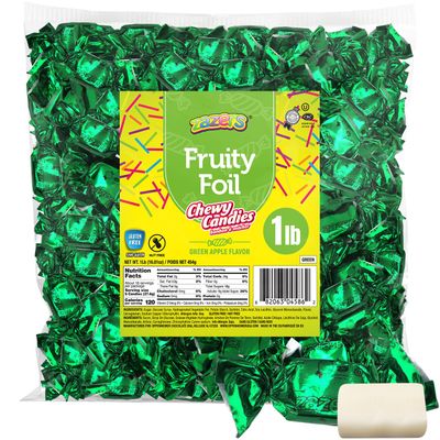 Zazers Green Apple Chewy Taffy Candy - 1-Pound Bag of Zazers Fruity Foil Chewy Candy - Green Apple Flavor, Individually Wrapped, Kosher (NET WT 454g)