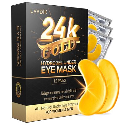 LAVDIK Under Eye Patches, 24K Gold Eye Mask - 12 Pairs, Collagen Eye Patch for Puffy Eyes and Dark Circles and Anti-Aging, Deep Moisturizing Eye Treatment Masks for Women and Men