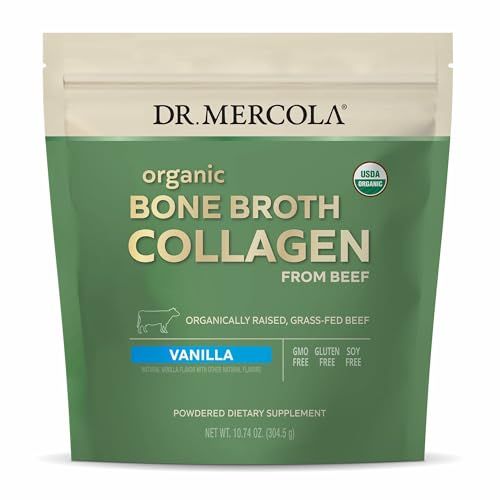 Dr. Mercola Organic Bone Broth Collagen Powder - Supports Bone Health Muscle Growth - USDA Organic, Non-GMO, Gluten-Free Dairy-Free - 30 Servings - Vanilla Flavor
