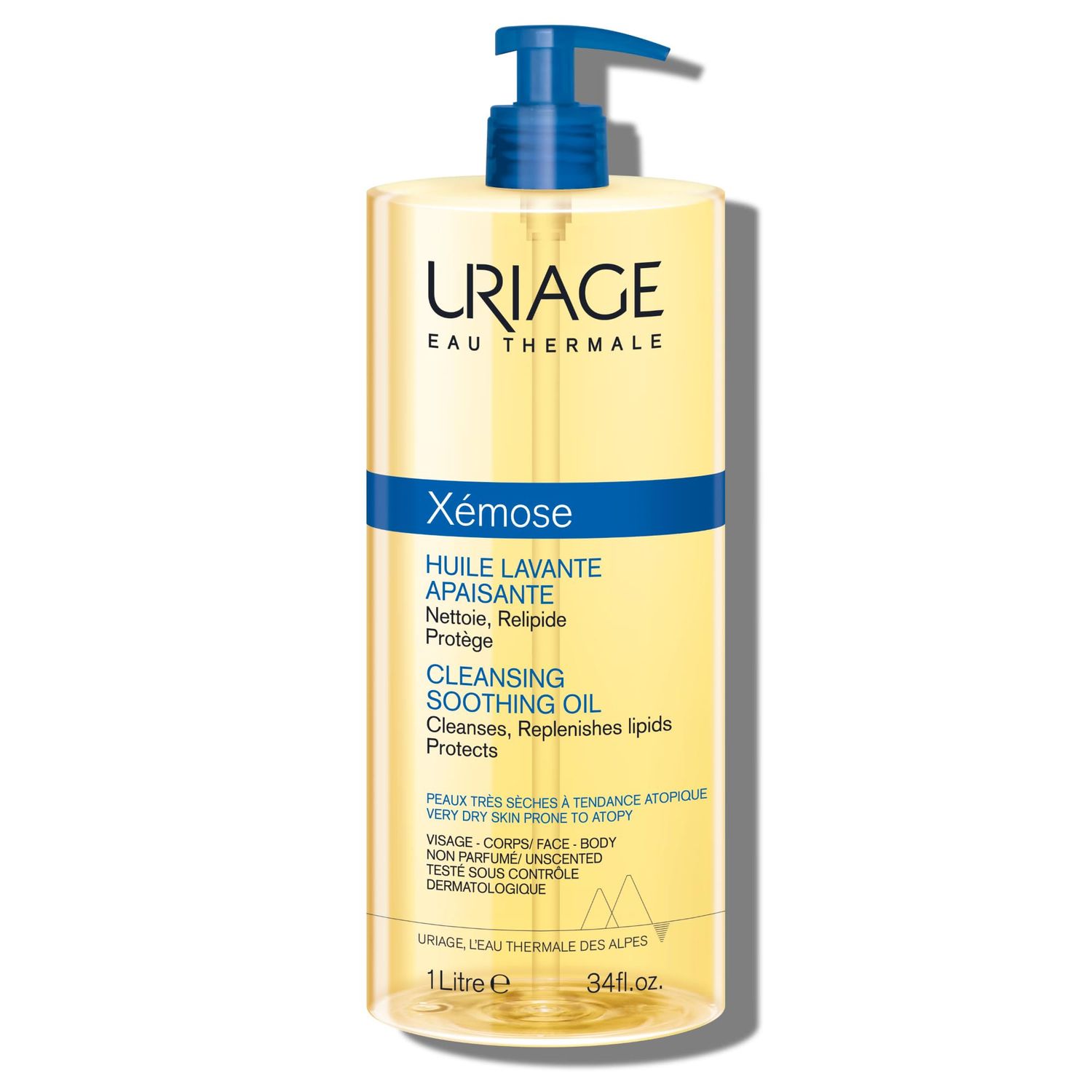 URIAGE Xmose Cleansing Soothing Oil Mild Foaming Nourishing Gel-in-oil, Face Body, Fragrance Soap-Free, 1 L 34 oz