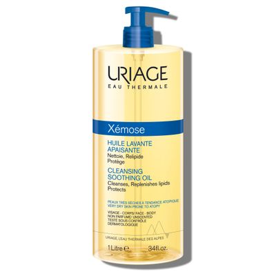 URIAGE Xmose Cleansing Soothing Oil Mild Foaming Nourishing Gel-in-oil, Face Body, Fragrance Soap-Free, 1 L 34 oz