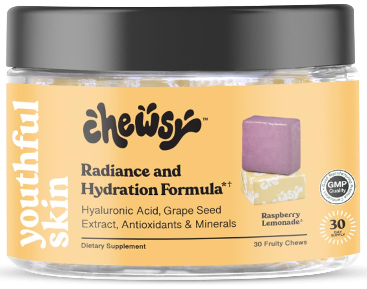 Chewsy Youthful Skin, Fruity Chews Vitamins, Radiance Hydration Formula, Hyaluronic Acid, Grape Seed Extract, Antioxidants Minerals, Vitamins Raspberry Lemonade Flavor 30-Day Supply
