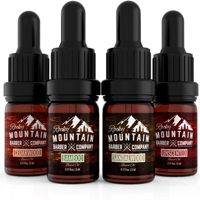 Rocky Mountain Barber Company Beard Oil Sample Size Pack - 4 Unique Beard Oil Varieties (0.17 oz each) - Cedarwood, Sandalwood, Bamboo Unscented - Contains Essential Oils