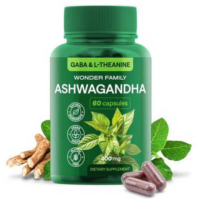 WONDER FAMILY Ashwagandha, GABA, L-Theanine Supplement Complex - Ashwagandha Supplements for Sleep, Mood, Bodily Comfort - Ashwa 400mg, L Theanine 100 mg, 2.5X GABA 100mg - 60 Capsules