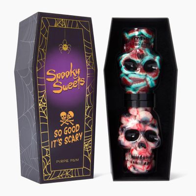 Purple Plum Halloween Trick or Treat Candies Brain and Eyeball Gummies in Skull Shaped Candy Jars with Coffin Box Spooky Sweets Perfect For Halloween