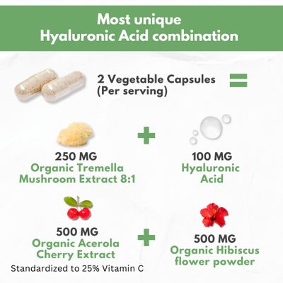 Natural Hyaluronic Acid Supplement 5X Stronger Hydration Pills from Pure Tremella Mushroom with Vitamin C Hibiscus - Skin Supplement Anti Wrinkle Dietary Capsules - hair nails vitamins