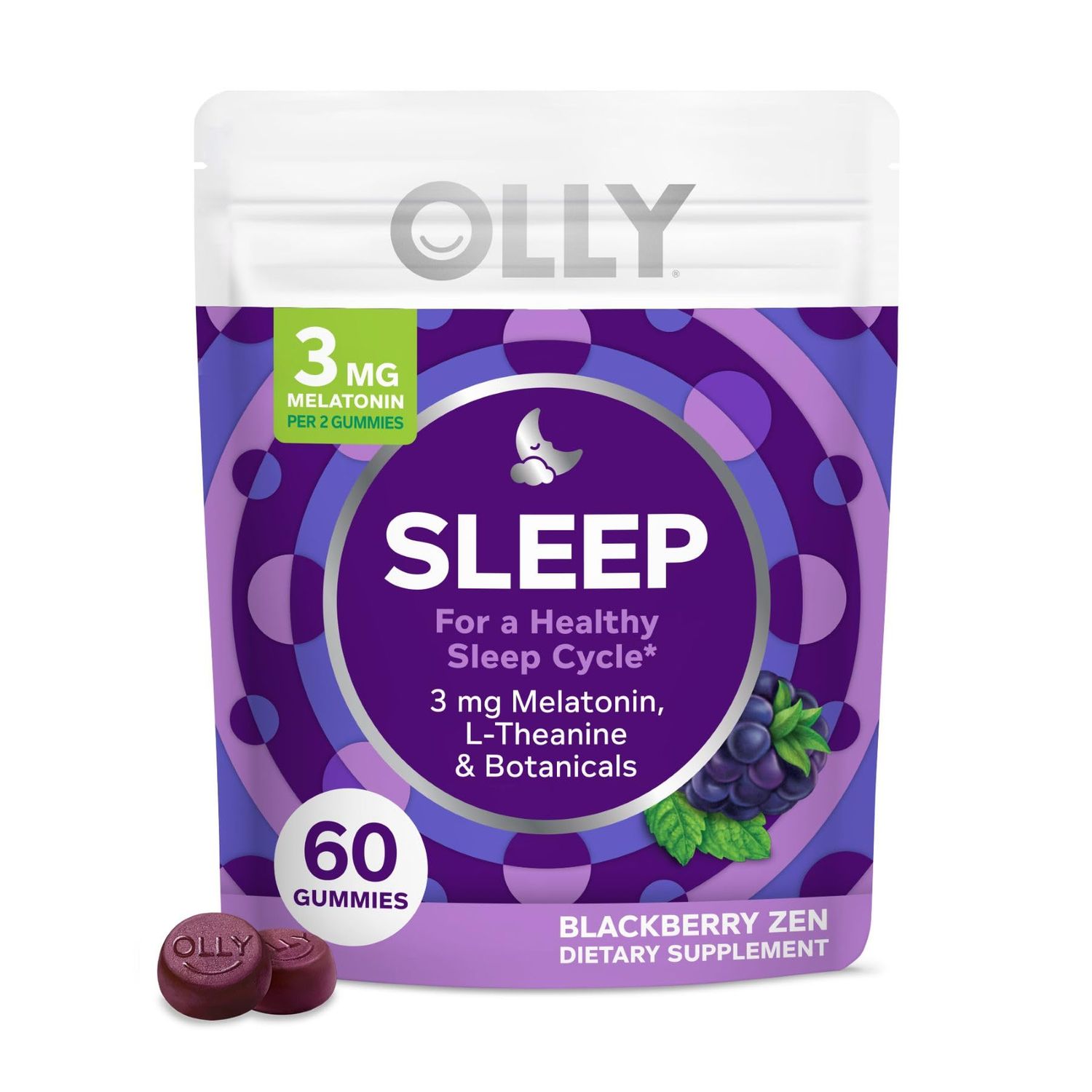 OLLY Sleep Gummy, 3 mg Melatonin, L-Theanine, Chamomile, and Lemon Balm Extracts, Blackberry Flavor, 30 Day Supply - 60 Count