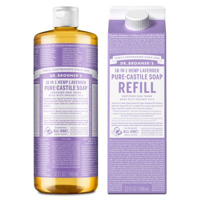 Dr. Bronner&#39;s Pure-Castile Liquid Soap Bottle Refill Carton - Made with Regenerative Organic Certified Oils, 82 Less Plastic-18-in-1 Uses for Face, Body Wash, Hand Soap Refill- Lavender,32oz
