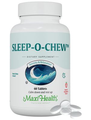 Maxi Health Sleep-O-Chew Strawberry Chewable Tablets with Magnesium, Inositol, L-Tryptophan, 3mg Melatonin for Sleep Support - Non Habit Forming Sleep Aid for Adults, Kosher Sleep Supplement, 60 Count
