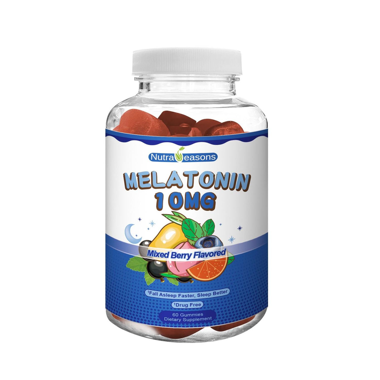 Nutra Seasons Melatonin Gummies, Sleep Support, Work with Natural Sleep Cycles for Better Sleep, Help with Jetlag, 10mg Max Strength, Gluten-Free, Gelatin-Free, Non-GMO, Natural Berry Flavor, 60 ct