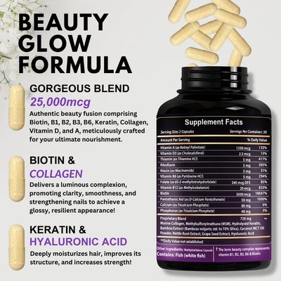 Vitboost Biotin with Hyaluronic Acid, Collagen and Keratin - 25000 mcg Hair Growth Vitamins for Men and Women - Nails and Skin, USA Made - Third Party Tested, B1, B2, B3, B6, B7 Complex - 120 Capsules