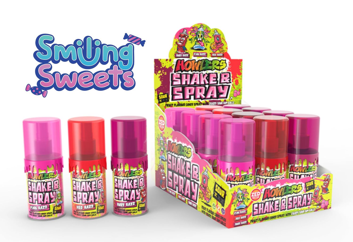 Smiling Sweets Howler Shake and Tasty Treats Spray Rad Reds, Red Razz, Pink Razz and Ruby Razz, Sour Candy Spray with Sour Gumball Shaker (Pack of 3)