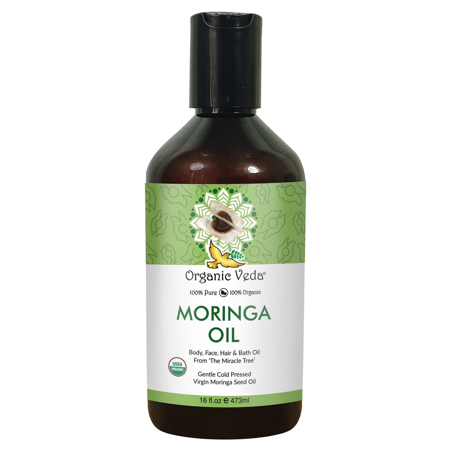 Organic Veda Moringa Oil - Pure Cold Pressed Organic Moringa Seed Oil - Natural Face Oil for Women, Moisturizing Hair Oil - Virgin Moringa Oleifera Oil for Skin, Body, Scalp Care Nails - 16 fl.oz
