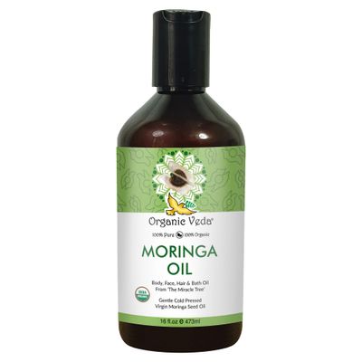 Organic Veda Moringa Oil - Pure Cold Pressed Organic Moringa Seed Oil - Natural Face Oil for Women, Moisturizing Hair Oil - Virgin Moringa Oleifera Oil for Skin, Body, Scalp Care Nails - 16 fl.oz