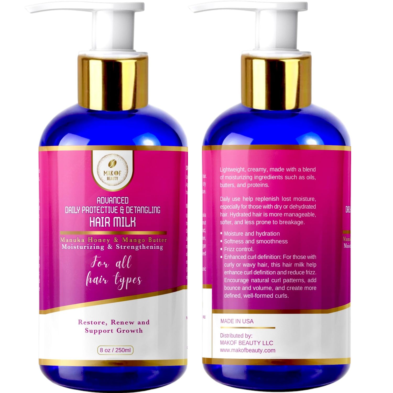 Advanced Daily Protective Detangling Hair Milk Nourishing Organic Leave-In Conditioning Repair and Renew Dry and damaged hair. Reduce Breakage and Support Hair Growth. 8 oz (1Bottle Per Order).