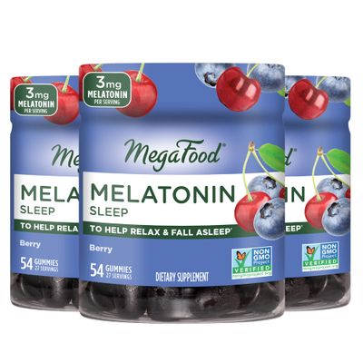 MegaFood Melatonin Gummies - Melatonin 3mg per Serving to Help Relax Fall Asleep - for Adults - Berry Flavor, Non-GMO, Certified Vegan - 54 Gummies (27 Servings) 3 Pack