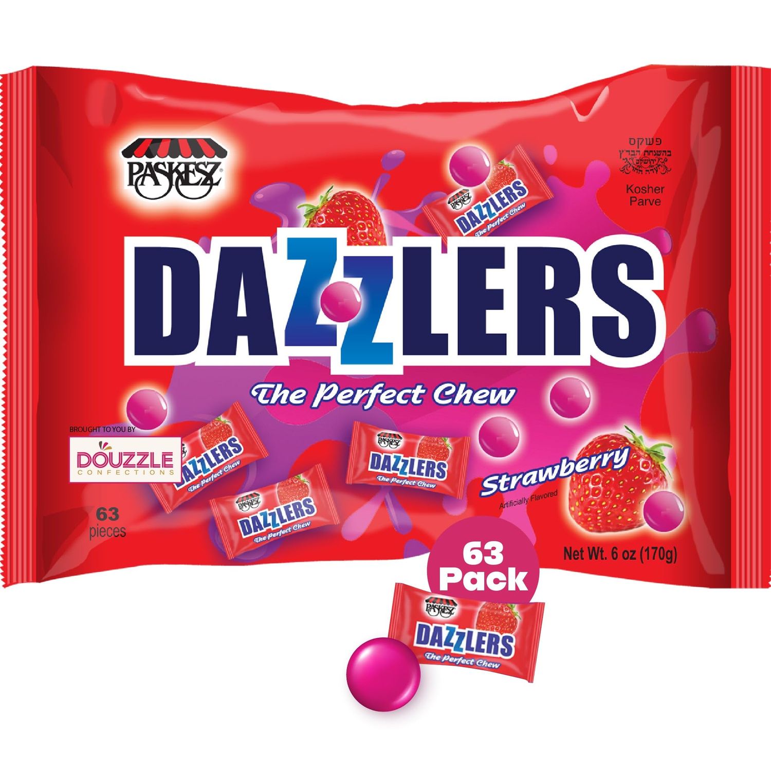 DOUzzle Dazzlers Strawberry Chews, The Perfect Chew Candy (63 Count, Pack of 1) Individually Wrapped Candies, Birthday Party Favors, Goodie Bags Stuffers, Pinata Filler - Kosher Parve