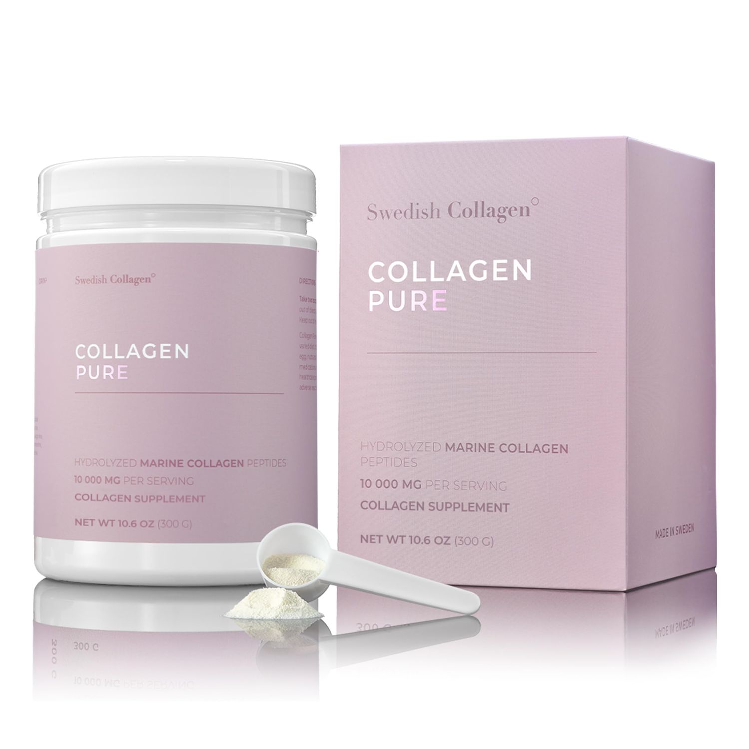 Swedish Collagen - Hydrolyzed Marine Collagen 10,000 mg Powder Supplement - Pack of 300 g, 30 Day Supply Pure Peptide for Healthy Hair, Skin, Nails Joints I 100 Natural Gluten Free Sugar-Free