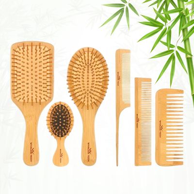 Bamboo hairbrush 6 in-1 comb set for men women kids, Bamboo hair brush for hair growth for all hair types, Natural bamboo bristle hair brush for Scalp massager