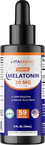 Vitamatic Melatonin 20mg Liquid Drops - 2 Fluid Ounce (59ml) - Natural Berry Flavor - for Adults - Non-GMO - Vegetarian Supplement