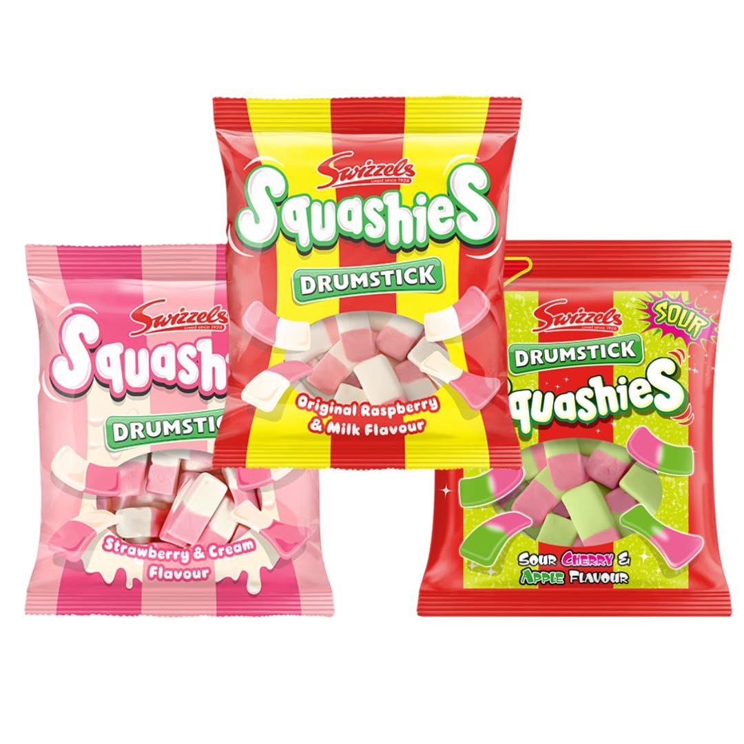 Squashie DrumStick Candies Variety Multipack - 3 Pack BUNDLE - (120g each) - IMPORTED FROM THE UK (Original, Strawberry Cream and Sour Cherry Apple)