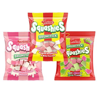 Squashie DrumStick Candies Variety Multipack - 3 Pack BUNDLE - (120g each) - IMPORTED FROM THE UK (Original, Strawberry Cream and Sour Cherry Apple)