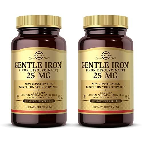 Solgar Gentle Iron (Iron Bisglycinate) 25 mg - 180 Vegetable Capsules, Pack of 2 - Non-Constipating, Gentle on Your Stomach - Non-GMO, Gluten Free - 360 Total Servings