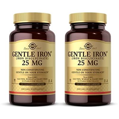 Solgar Gentle Iron (Iron Bisglycinate) 25 mg - 180 Vegetable Capsules, Pack of 2 - Non-Constipating, Gentle on Your Stomach - Non-GMO, Gluten Free - 360 Total Servings