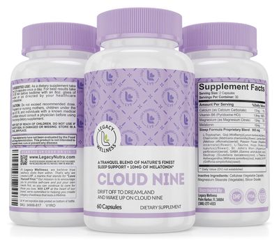 Cloud 9 - All Natural Sleep Aid Supplement - Relaxing Vitamin Herbal Formula - 10mg Melatonin Calcium Magnisium L-Theanine 5-HTP GABA St. John&#39;s Wort Ashwagandha Chamomile More 60 Vegan Capsules