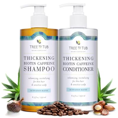Tree To Tub Volumizing Biotin Shampoo and Conditioner Set - Activating Caffeine for Fuller Hair, Thickening Shampoo and Conditioner for Women Men, Sulfate Free wNatural Soapberry Organic Argan Oil