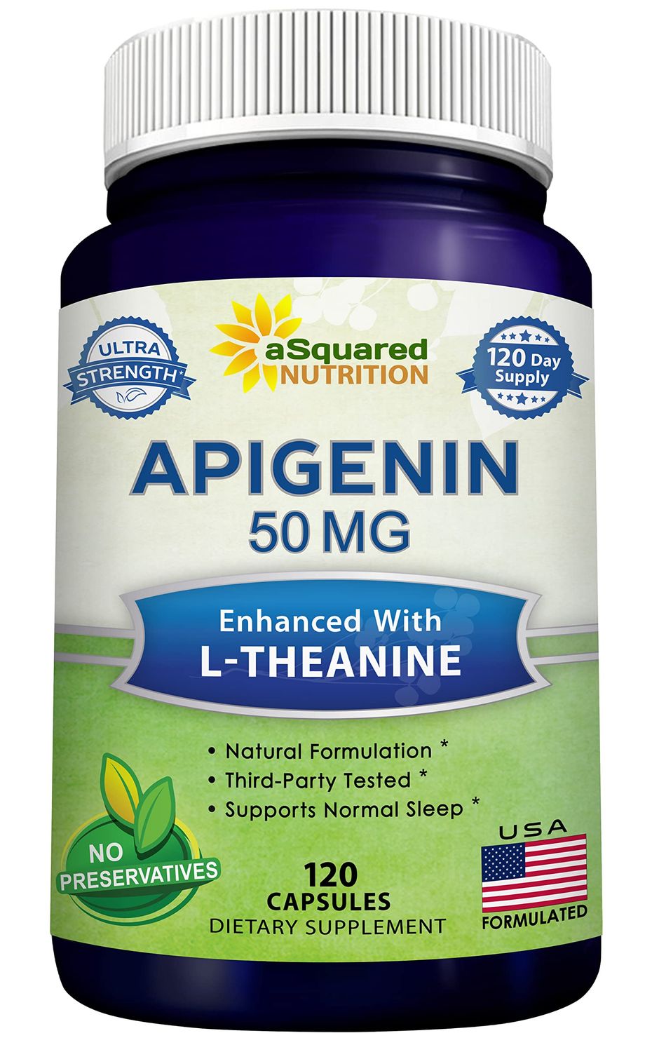 aSquared Nutrition Apigenin 50mg L-Theanine 200mg - 120 Capsules - Apigenin Supplement Pills for Sleep and Relaxation - Natural Bioflavonoid Extract Found in Chamomile Tea