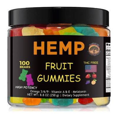 Hemp Gummies - High Potency - Omega 3 6 9 - Melatonin - Vitamin A E - Fruit Flavors - Natural Hemp Oil Extract Gummy - 100 ct - THC Free