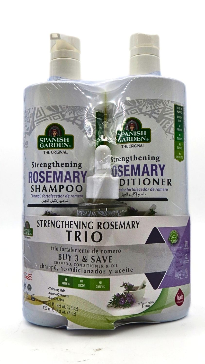 Spanish Garden Hair Strengthening Rosemary Shampoo Conditioner Hair Oil Set, White