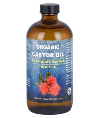 VRJEUGO Castor Oil Organic Cold Pressed Unrefined Glass Bottle, Organic Castor Oil for Face, Hair Growth Thicker Eyelashes, 100 Pure and Hexane Free, 16oz