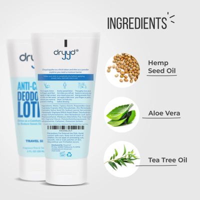 dryyd Travel Size 2oz Deodorant Aluminum Free Chafing Lotion Powder For Men Women, No Talcum Powder, Hemp Seed Oil and Aloe, Reduce Odor Sweat On Chest, Groin, Thighs Balls Butt, Itch Cream