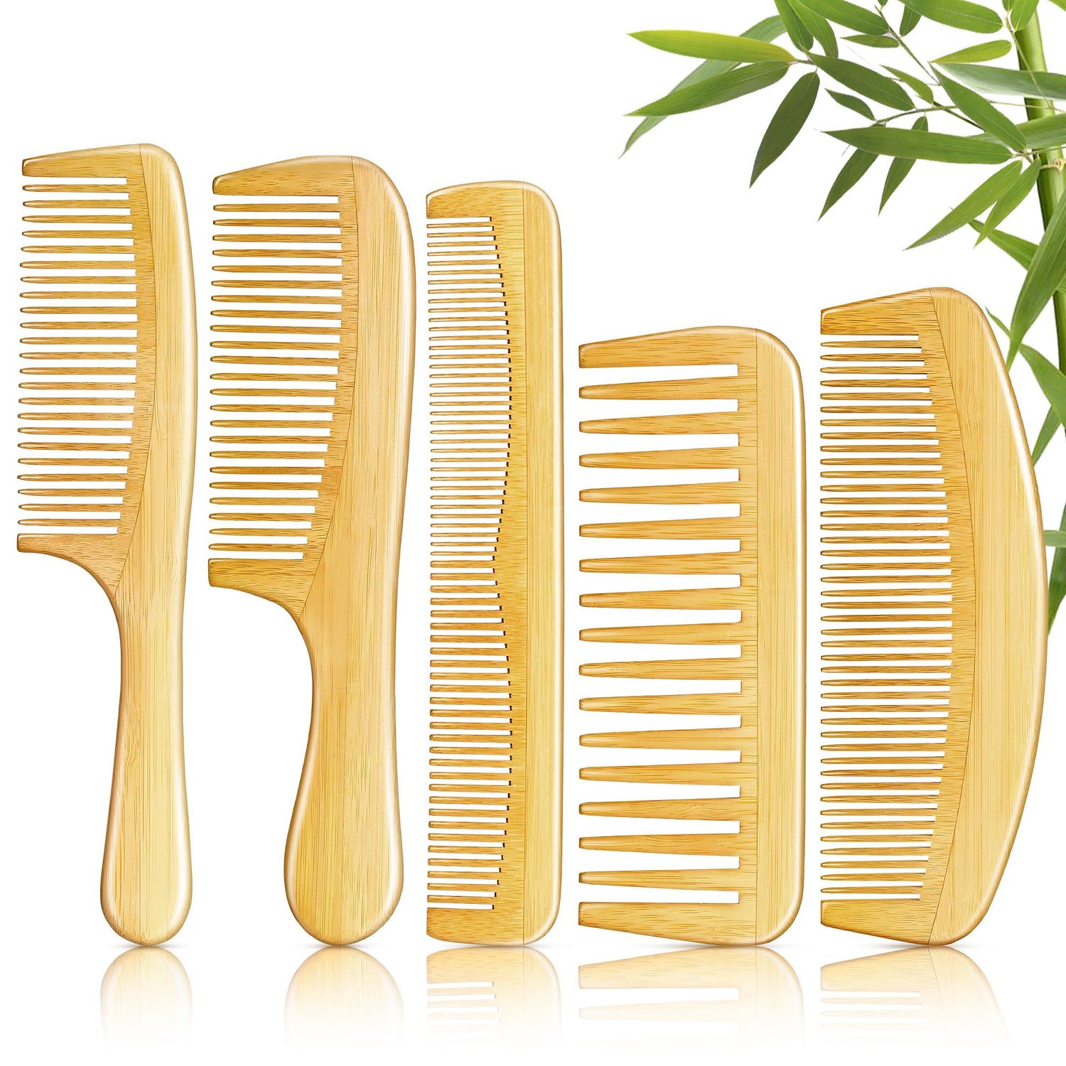 SALONSILK 5PCS Wooden Hair Comb Set, Bamboo Wide Tooth Fine Tooth Combs for Women and Men, Natural Wood Beard Styling Curly Detangling Set for Thick Thin Hair