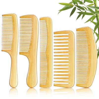 SALONSILK 5PCS Wooden Hair Comb Set, Bamboo Wide Tooth Fine Tooth Combs for Women and Men, Natural Wood Beard Styling Curly Detangling Set for Thick Thin Hair