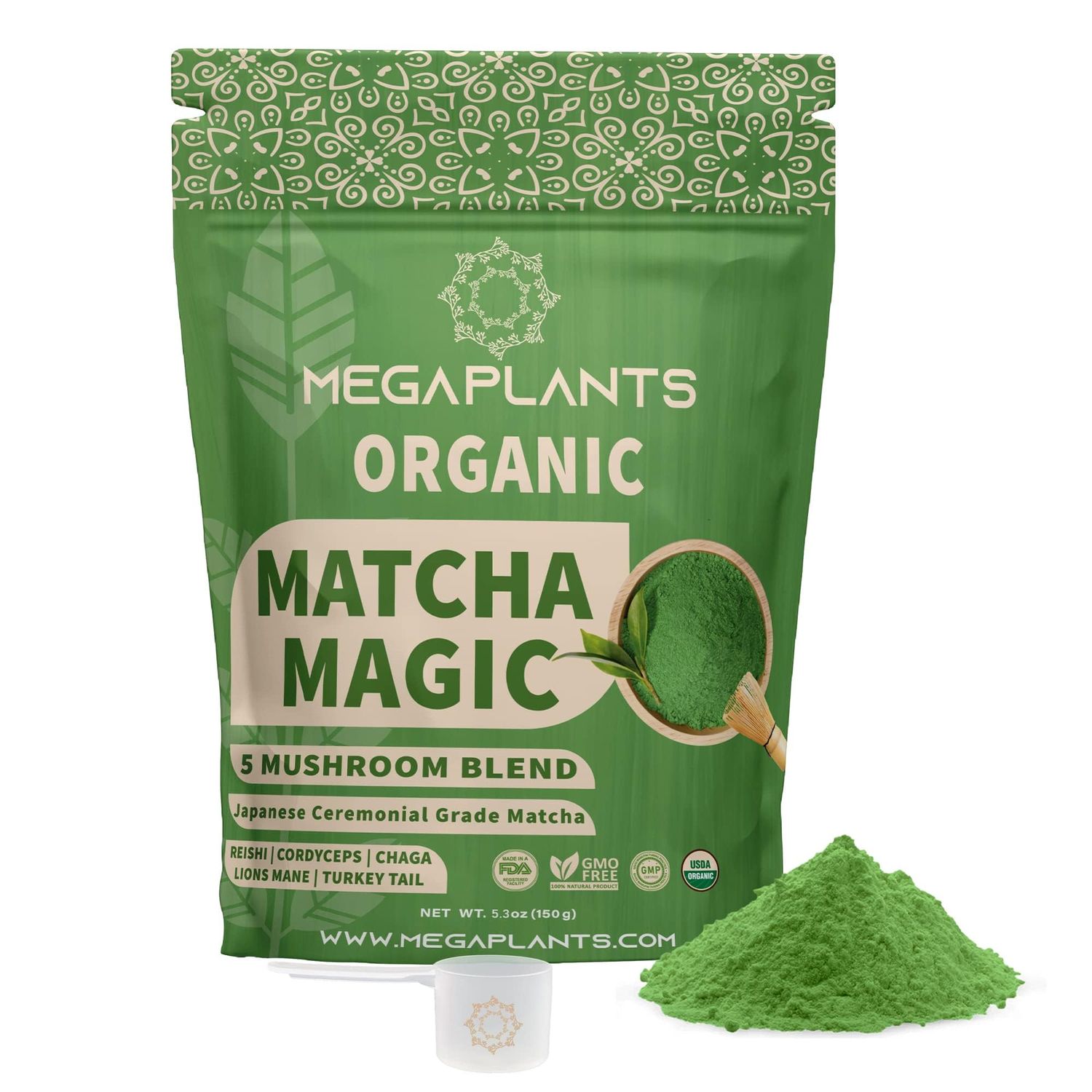 MEGAPLANTS Mushroom Matcha Magic - USDA Organic Ceremonial Grade Japanese Matcha (50 Serving)- with Reishi, Lions Mane, Chaga, Cordyceps Turkey Tail - Superfood for Focus Energy.