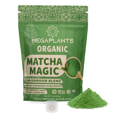 MEGAPLANTS Mushroom Matcha Magic - USDA Organic Ceremonial Grade Japanese Matcha (50 Serving)- with Reishi, Lions Mane, Chaga, Cordyceps Turkey Tail - Superfood for Focus Energy.