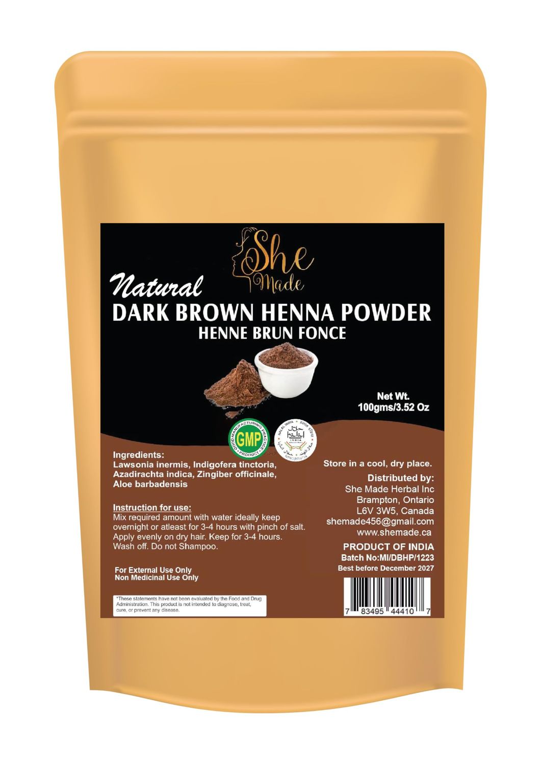 She Made Dark Brown Henna Powder for Hair DyeColor 100gms (3.52 Oz) Indigo Mix Dark Brown Henna Powder Soft, Shiny Healthy Hair Growth Pure Natural Dark Brown Henna Hair Color Conditioner