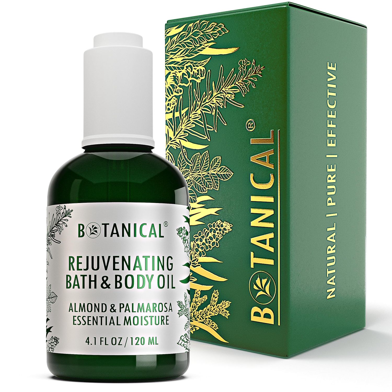 Botanical Bath Body Oil Rejuvenating Almond Palmarosa Organic, Pure, Natural Skincare (4.1 fl oz 120 ml)
